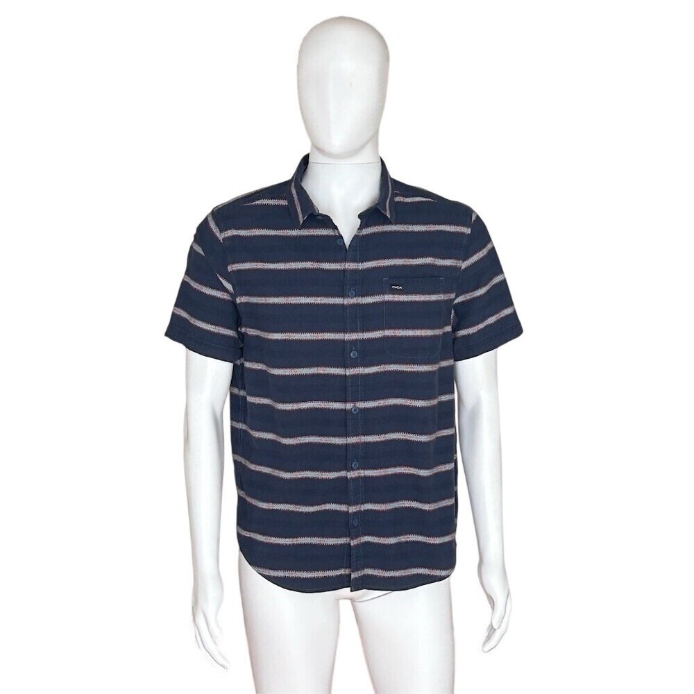 RVCA Button-Up Shirt Men's Size M Navy Blue Striped Short Sleeve Casual - Picture 3 of 12